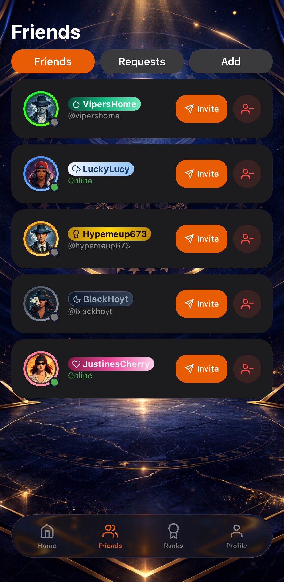 Friends list with online status and invite buttons