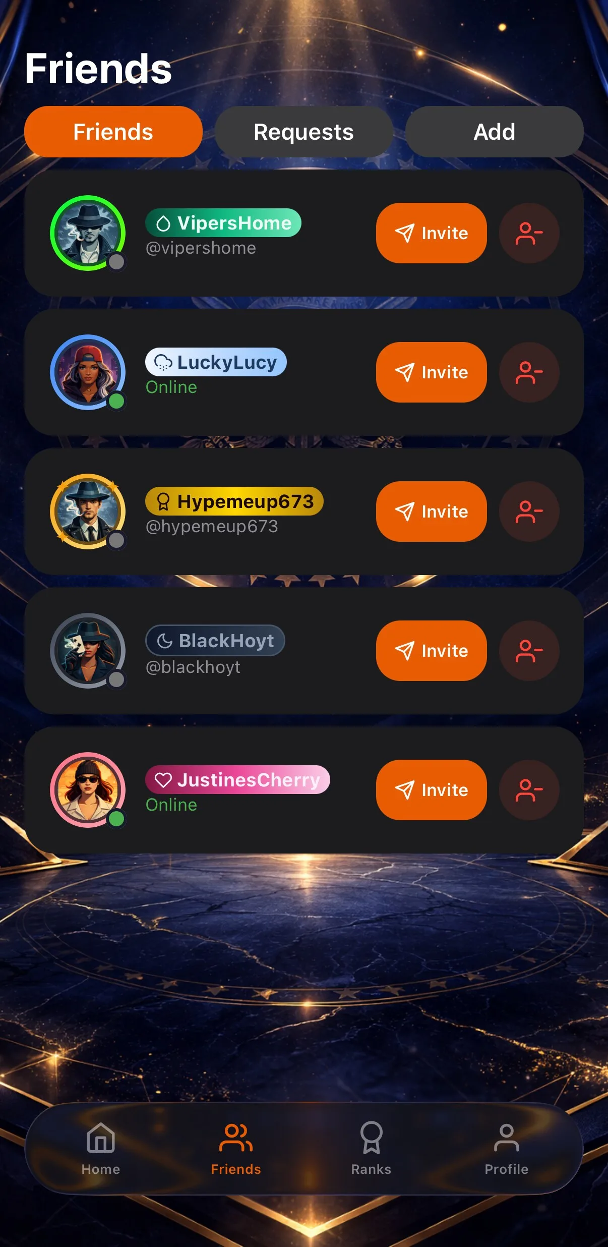 Friends list with online status and invite buttons