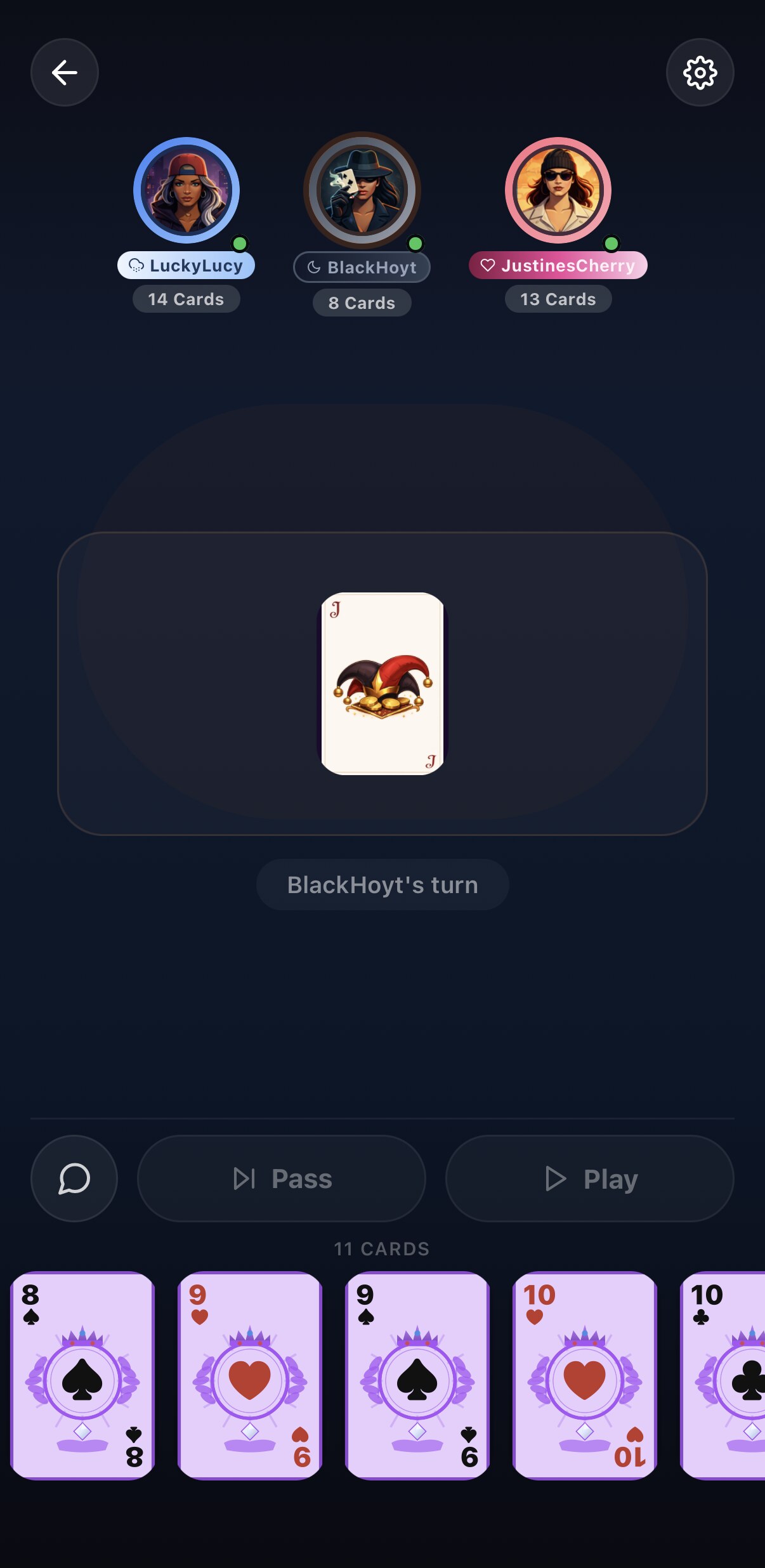 Active gameplay screen showing Your Turn with Pass and Play controls