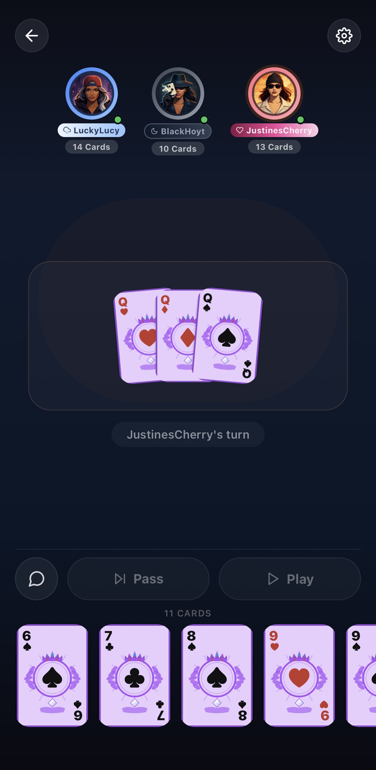 Presidents Royale game in action — real-time multiplayer card game