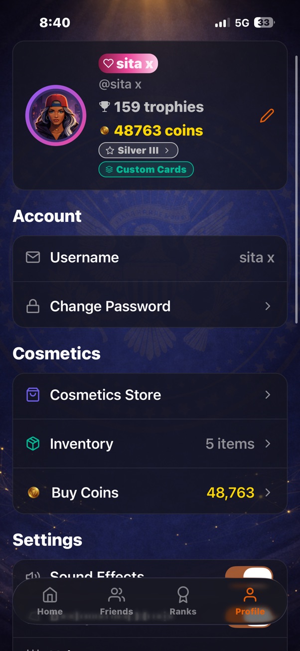 Profile screen with trophies and coins